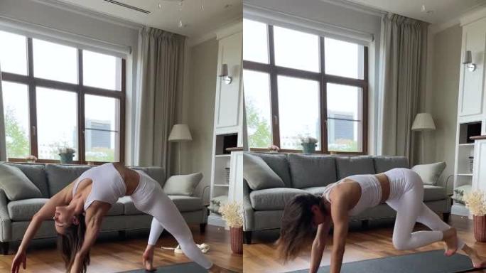 女人穿着运动服在家做瑜伽体式