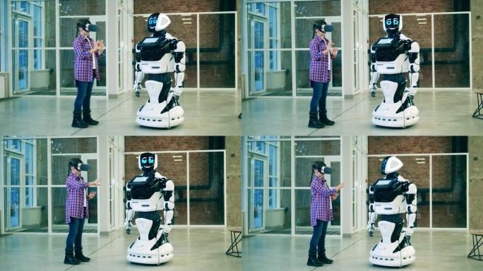 一个戴VR眼镜的女孩正在与机器人交流
