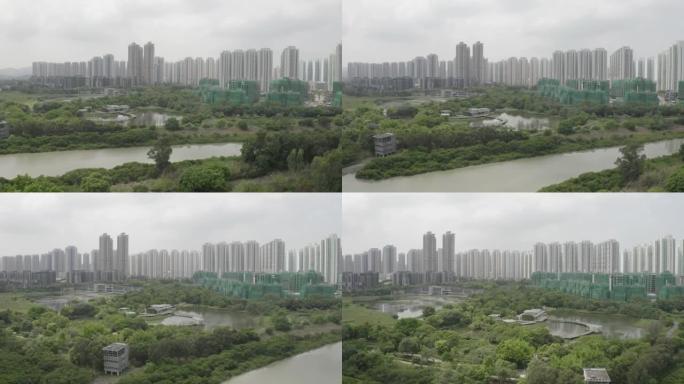 中国香港天水围湿地公园上方的高层公寓