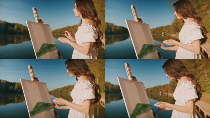 女艺术家站在湖旁的码头上在画布上绘画