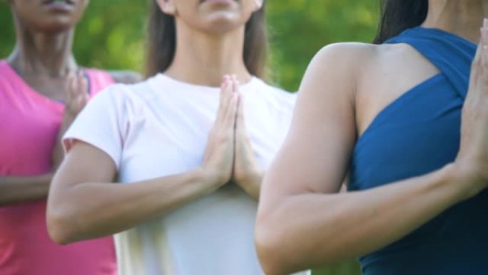 三个多民族女性在户外瑜伽课
