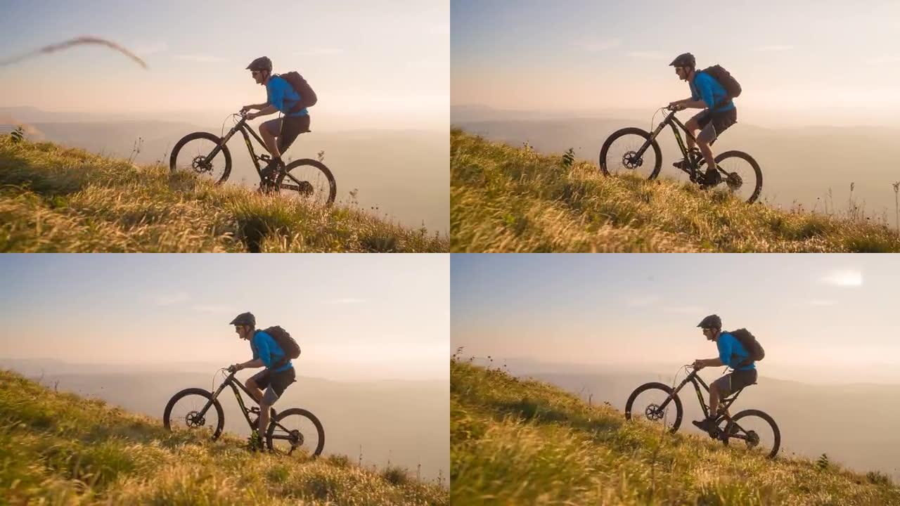坚定的职业男自行车手在落基山小径上骑行