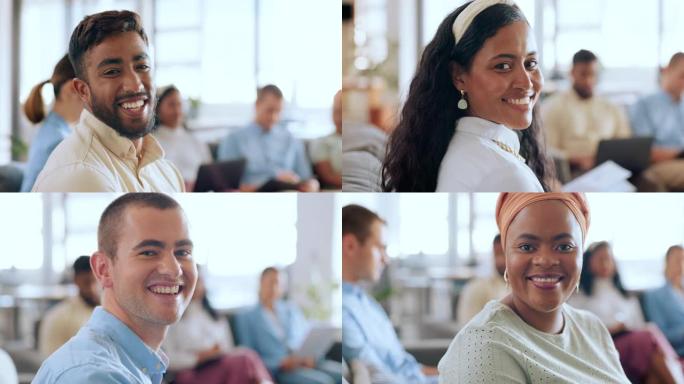 多样性，肖像或快乐的商人在见面时面带笑容，以达到销售目标。社区、激励或团队的同事，以自豪、目标或我们