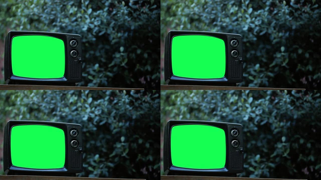 户外绿屏旧电视机。