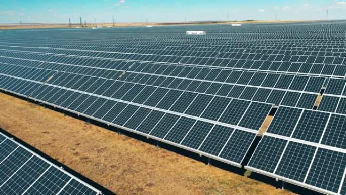 装有太阳能发电站的领域。节能、能效、可再生能源概念。