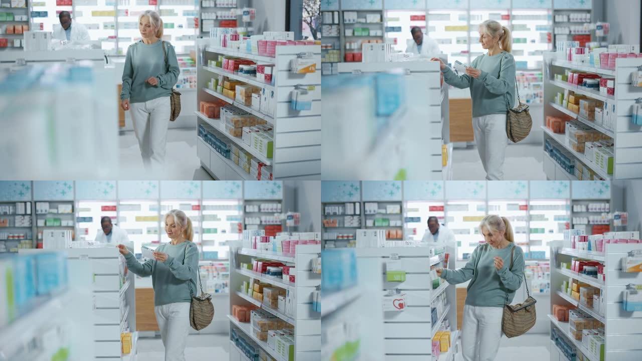 药房药店: 一位美丽的高级女性选择购买药品，药物，维生素的肖像。药剂师充满了保健产品，补充瓶，现代设