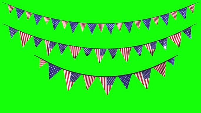 用阿尔法频道在绿色上悬挂美国独立日7月4日的国家装饰品