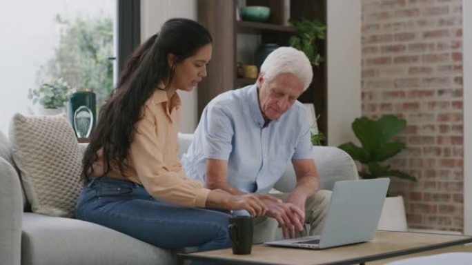 一名老人与护士一起使用笔记本电脑的4k录像