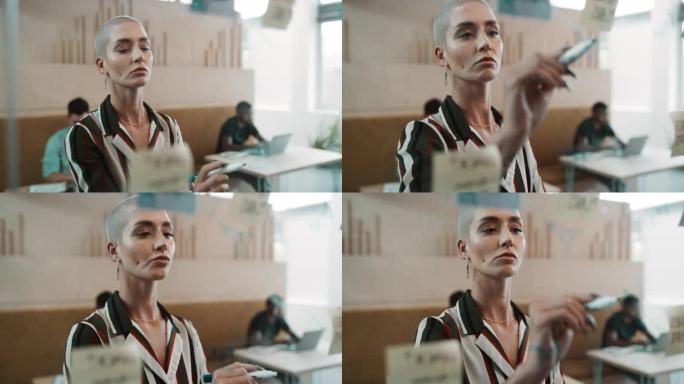 4k视频片段，一位迷人的年轻女商人站在办公室并在集思广益时使用视觉辅助工具