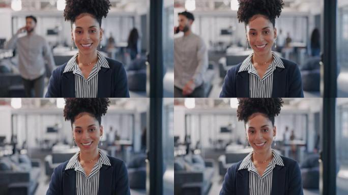 商业、领导力和黑人女性的脸，在办公室里微笑着寻找想法、愿景和创业目标。纽约充满自信、成功心态和使命的