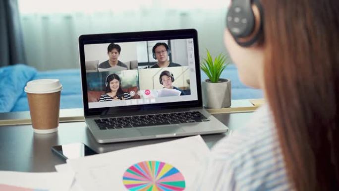 与团队进行视频会议和在线会议的女性，在家工作