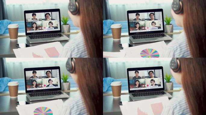 与团队进行视频会议和在线会议的女性，在家工作