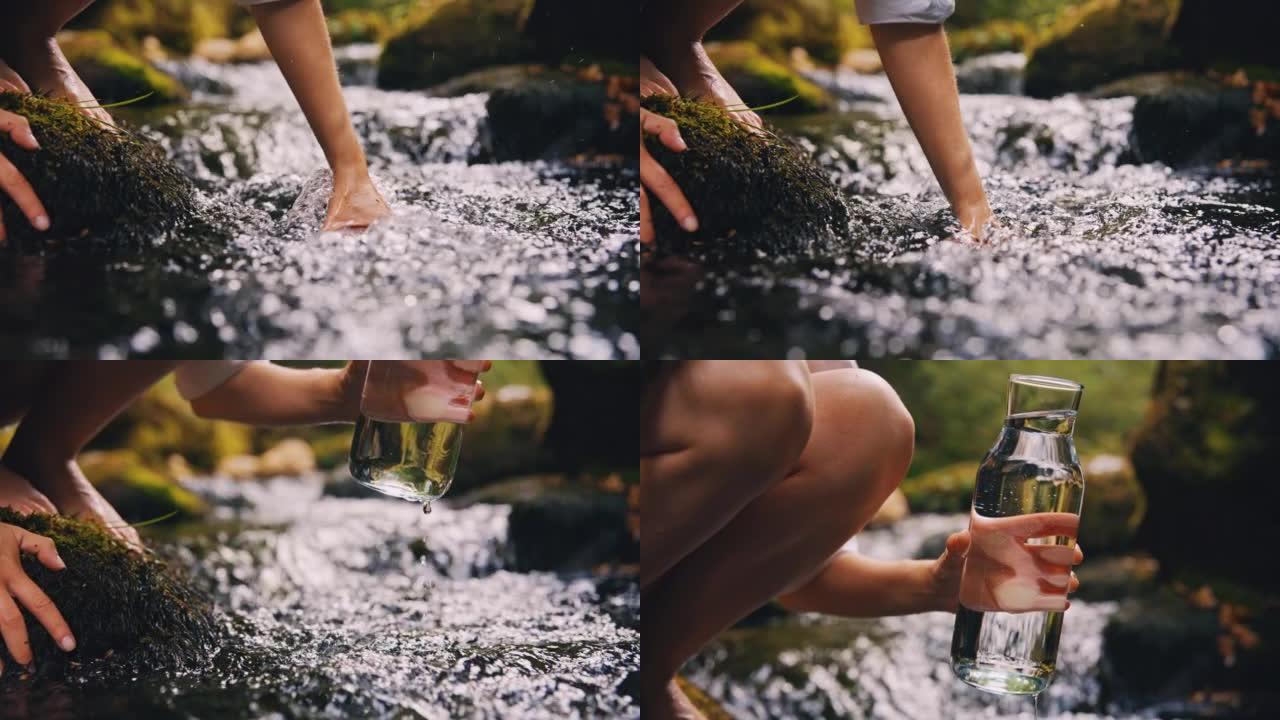 SLO MO女人用溪流中的水重新装满水罐