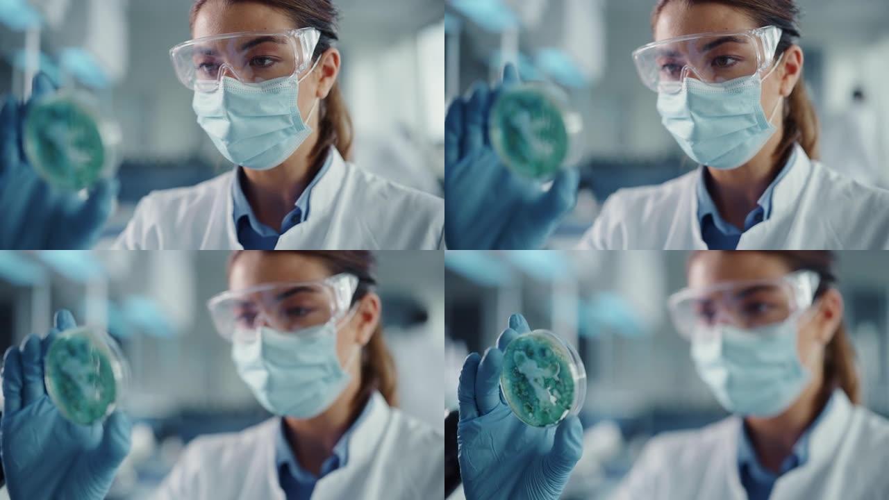 美丽的女科学家戴着口罩和眼镜，看着一个带有转基因样品化学物质的培养皿。用技术设备在现代实验室工作的微