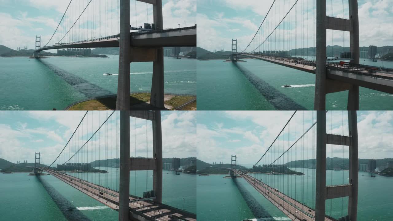 吊桥青马大桥航拍跨海桥梁宏伟工程交通通行