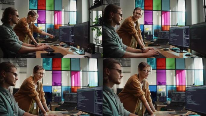 男性程序员在创意办公空间的台式计算机上向女性初创公司首席执行官展示进步。高加索男人和女人讨论人工智能