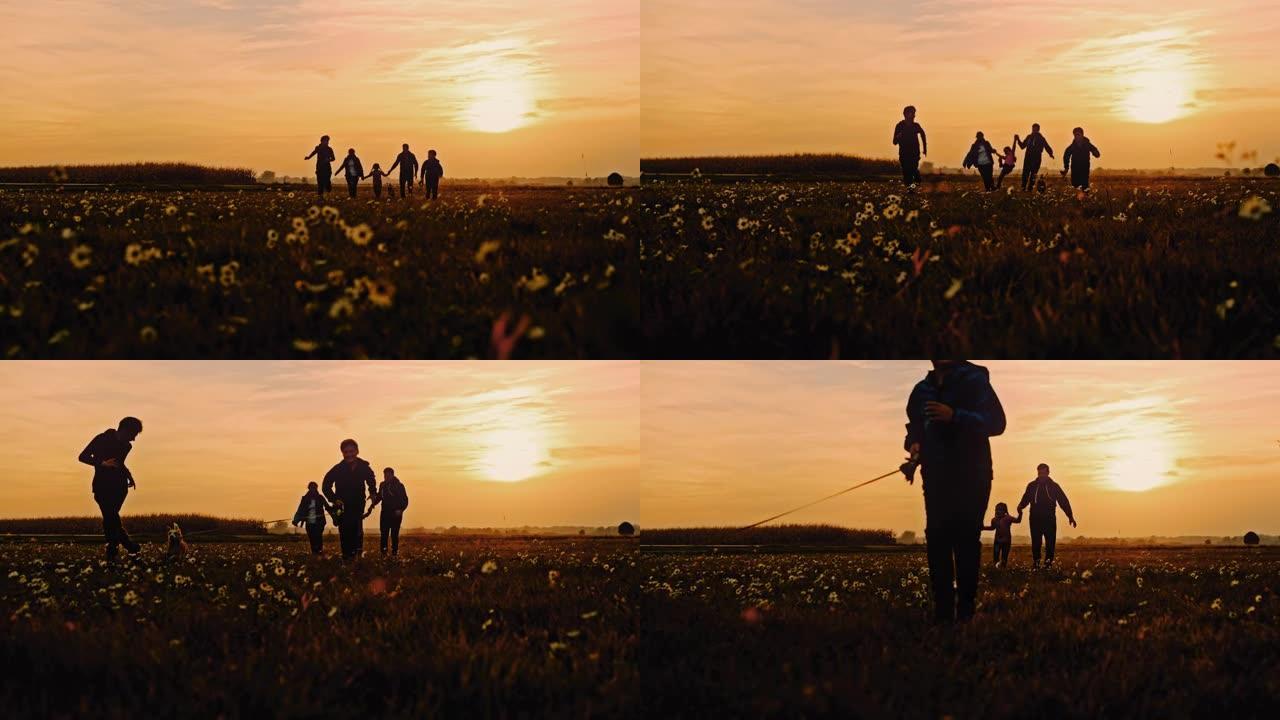 SLO MO Young家庭在黄昏时在草地上奔跑的乐趣