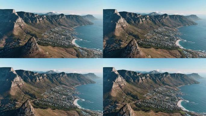 桌山、狮头山、12使徒山脉的壮观鸟瞰图，俯瞰坎普湾、巴科芬、兰迪德诺、开普敦、南非