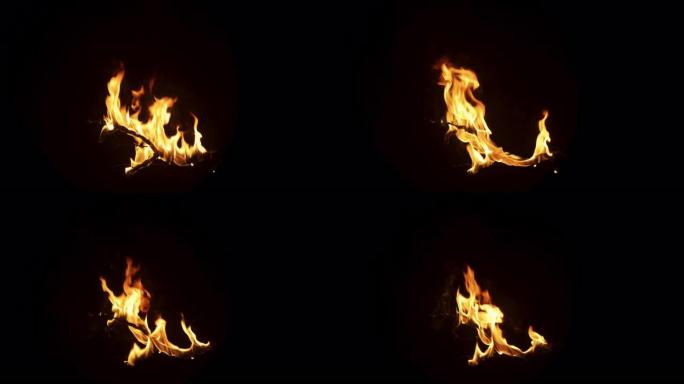 在强烈火灾中燃烧的树枝的黑色背景上拍摄慢动作。火焰慢慢消失。特殊效果、视觉效果、后期制作、动画的孤立