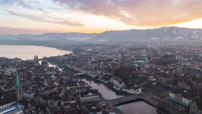 瑞士4k延时苏黎世空中全景城市日落天际线。