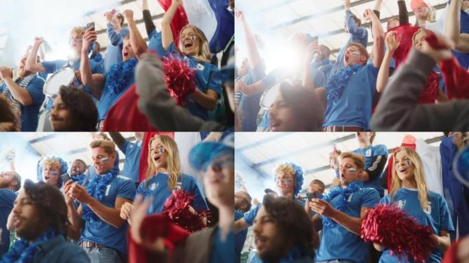 体育馆足球比赛: 激动的高加索夫妇欢呼队获胜的肖像，使用智能手机检查应用程序，下注，得分，奖金。人群