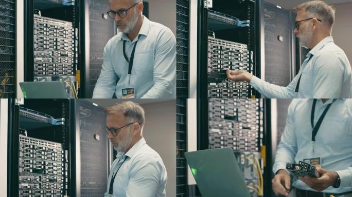 一位英俊的成熟技术人员在服务器机房使用笔记本电脑进行维护检查的4k视频片段