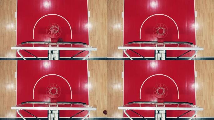 篮球得分从篮筐上方拍摄