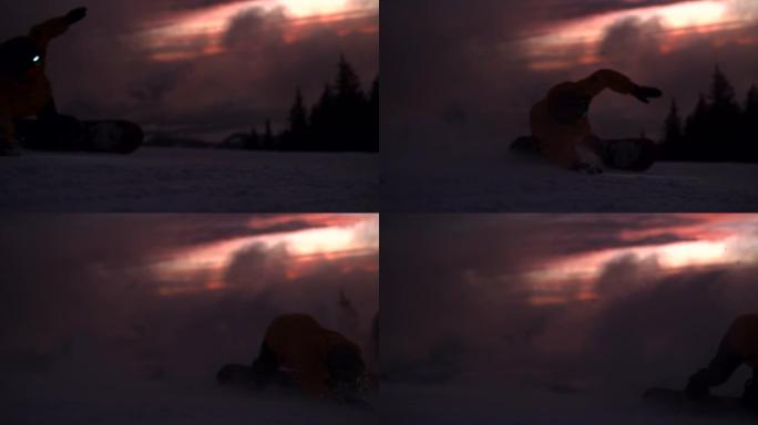 超级SLO MO无法识别的滑雪者在黄昏时落在斜坡上
