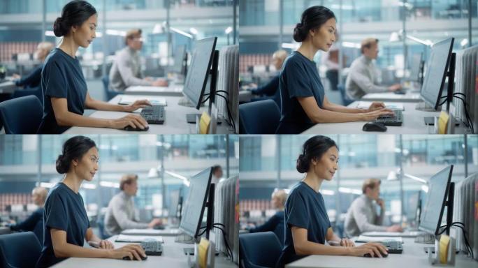 在大型公司办公室中: 自信的美丽亚洲经理的肖像，使用计算机，商人和围绕她工作的专家，分析统计数据，商