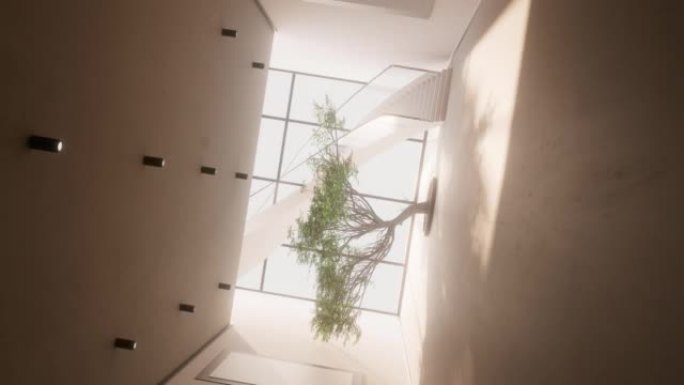 3D渲染现代设计，白色墙壁和一棵树，相机在树上放大，上下颠倒