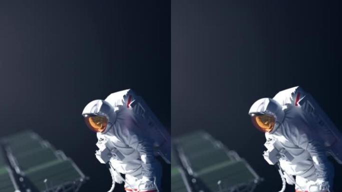 3D渲染的宇航员穿着白色宇航服，在美丽的光线下悬浮在太空中的宇宙飞船或卫星旁边