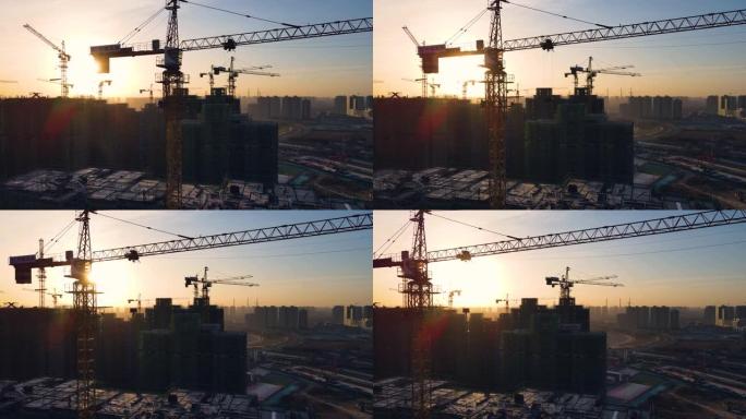 日出时建筑工地的鸟瞰图