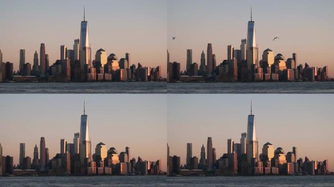 纽约日落时曼哈顿市中心的景色