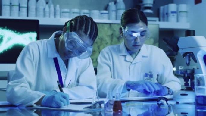 两名实验室科学家在紫外线实验室用培养皿和移液器测试酚酞化学反应。医生在医疗机构中研究和分析大流行疗法