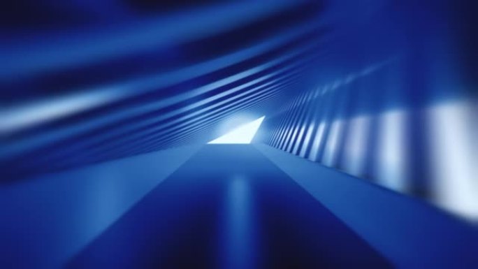 飞过蓝色的未来派隧道。慢动作中的抽象3D动画。照明走廊的概念，室内设计，宇宙飞船，科学，技术，科学，