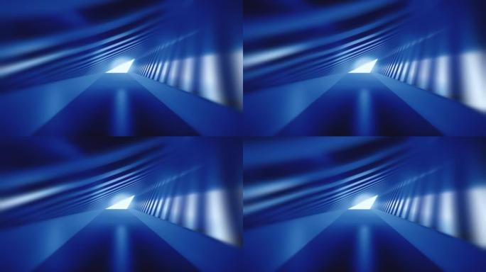 飞过蓝色的未来派隧道。慢动作中的抽象3D动画。照明走廊的概念，室内设计，宇宙飞船，科学，技术，科学，