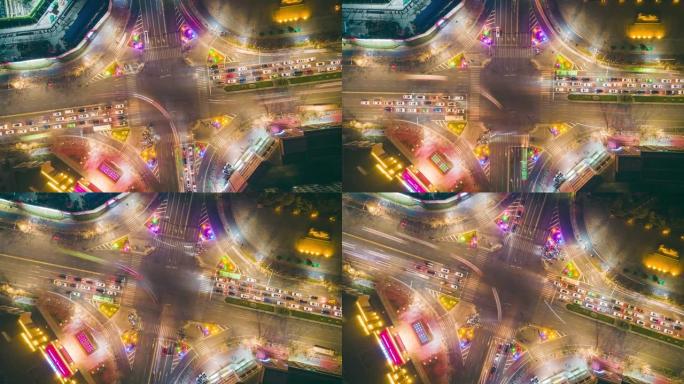 延时: 夜间城市街道交叉口的鸟瞰图