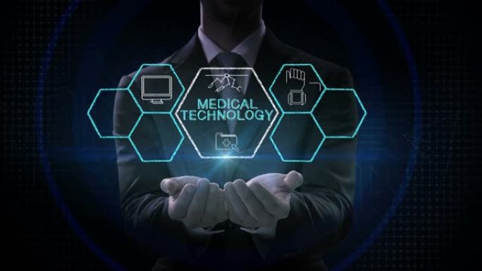 商人在六角形，4k动画中打开了两个手掌，“医疗技术” 和各种未来医疗技术图标。