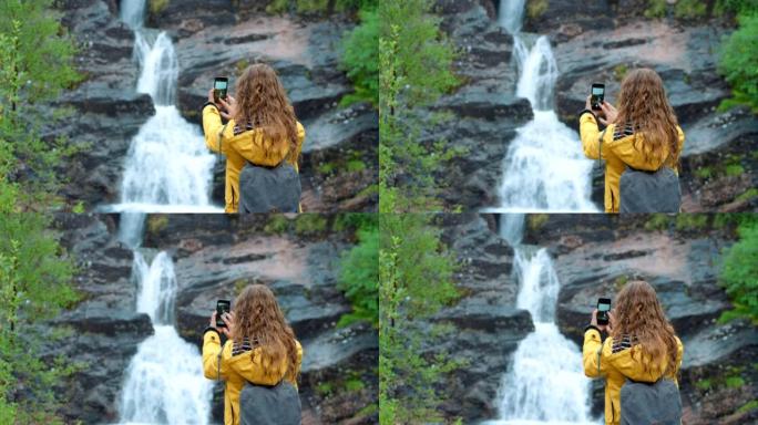 4k视频片段，一个无法识别的女人在喷泉上拍照