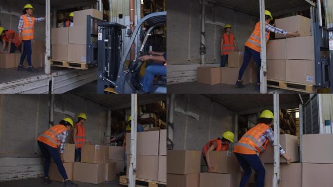 多样化的工人在配送仓库从叉车上卸下包裹