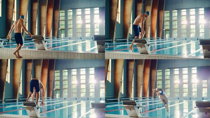 肌肉发达的成熟男性游泳者来到起跑区，跳入游泳池。健康的职业运动员为冠军进行训练。彩色跟踪宽慢动作镜头