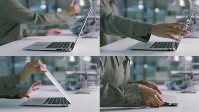 4k视频片段，一个无法识别的女商人在现代办公室关闭笔记本电脑