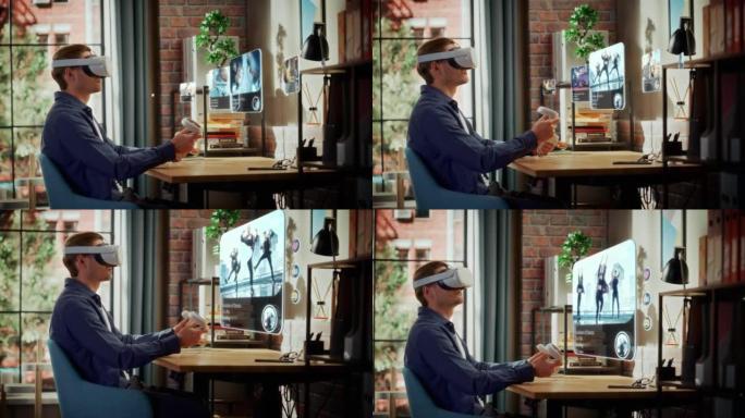 现代成功的男人坐在家里的客厅，使用带有控制器的虚拟现实耳机检查社交媒体应用程序。年轻男性选择观看舞蹈