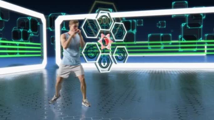 虚拟现实影子拳击手视频游戏。在Metaverse Fit中，高加索人与人工智能，得分，虚拟训练，健身