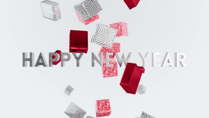 新年快乐季节问候动画趣味卡片背景。明亮美丽的3d飞落礼品盒魔术除夕。时尚多彩节日背景庆祝艺术派对特写