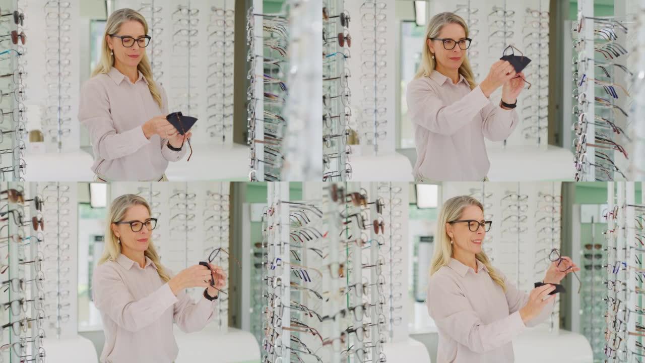 高加索女性验光师清洁眼镜在她的实践中出售。高级配镜师在眼镜店擦拭和检查眼镜，然后再出售带有复印空间的