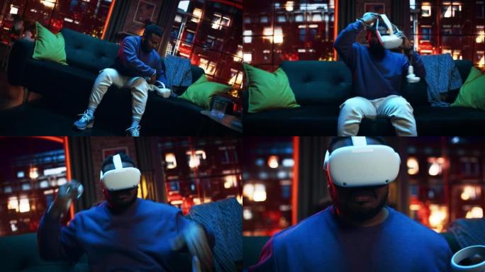 一个年轻英俊的黑人戴上虚拟现实耳机的电影肖像。非裔美国男子晚上坐在家里的沙发上，玩VR电子游戏。戏剧