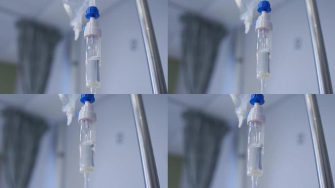 在医院病房工作的滴注设备中滴注药物的特写视图