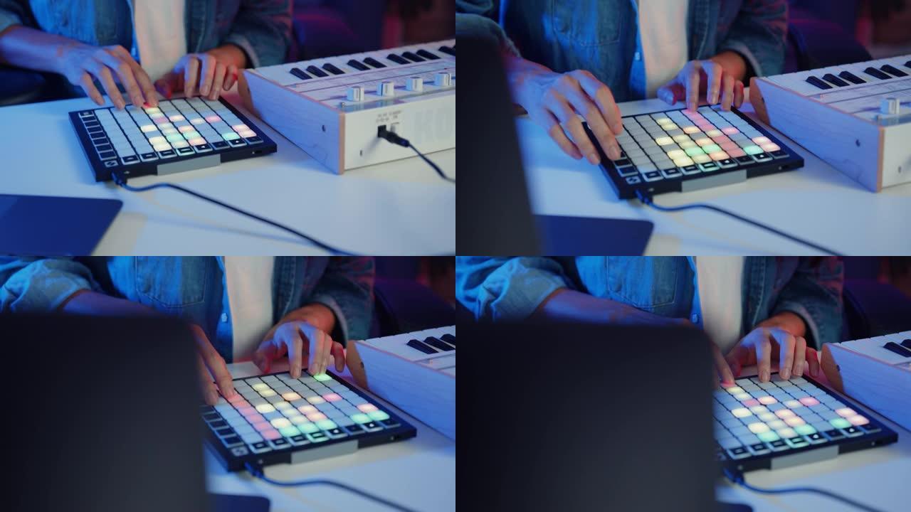 特写快乐亚洲女孩dj使用launchpad合成器键盘混音器佩戴耳机制作音乐在笔记本电脑在线直播晚上在