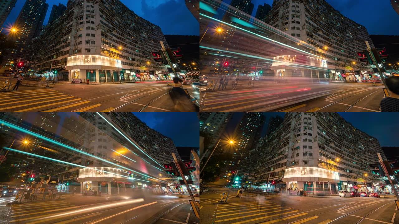 夜间有红绿灯的香港本地建筑物的时间流逝